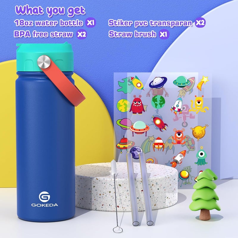 GOKEDA 18oz Kids Water Bottle, Insulated Bottles with Stickers, 18/8 Stainless Steel Vacuum Leak Proof Straw Cup for School, Gifts for Boys Girls(DarkGreenBlue) - Image 1